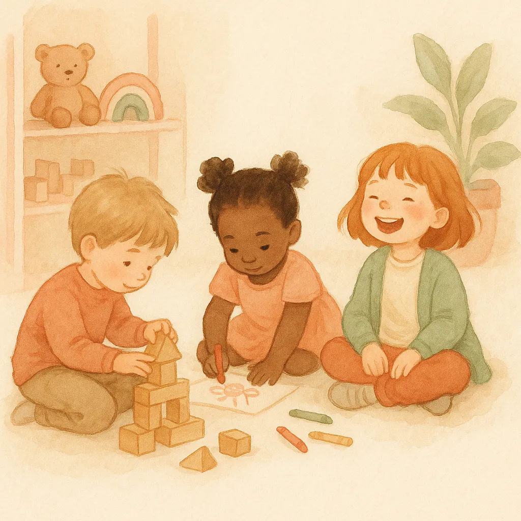 Drei Kinder spielen zusammen in einer Tagespflege — Bausteine, Malstifte und Lachen